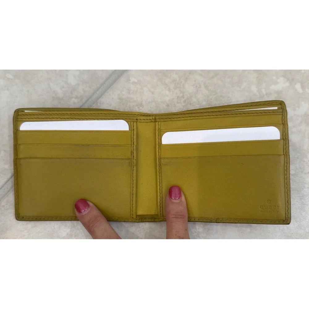 Gucci Men Wallet GG Mustard Yellow Leather Inside Signature Canvas Box Bag Card